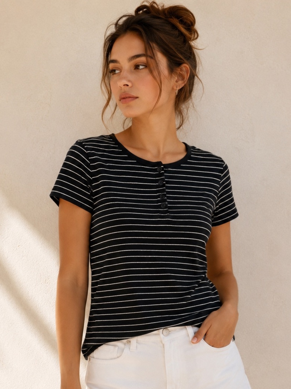 NEW Jennifer Moore Women’s Black White Striped Henley Tee Short Sleeve Cotton M